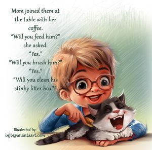 Disney style children's book illustration by Ananta Mohanta showing a smiling boy brushing a happy cat.