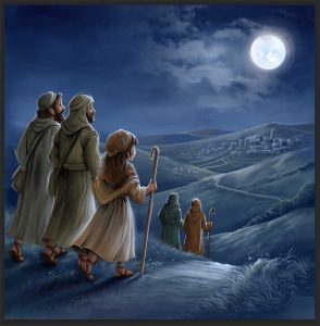 Custom children's book illustration by freelance artist for hire showing traveling biblical characters under a night moon sky.