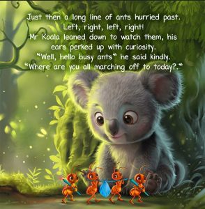 Koala storybook interior page layout artwork by Ananta Mohanta - kids book artist for hire.